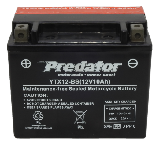 Picture of YTX12-BS - 12VOLT 10AH PREDATOR MOTORCYCLE AGM BATTERY WITH ACID PACK - LHP