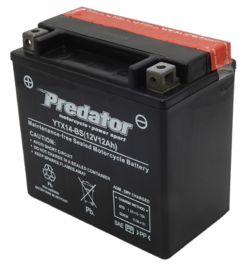 Picture of YTX14-BS - 12VOLT 12AH PREDATOR MOTORCYCLE AGM BATTERY WITH ACID PACK - LHP