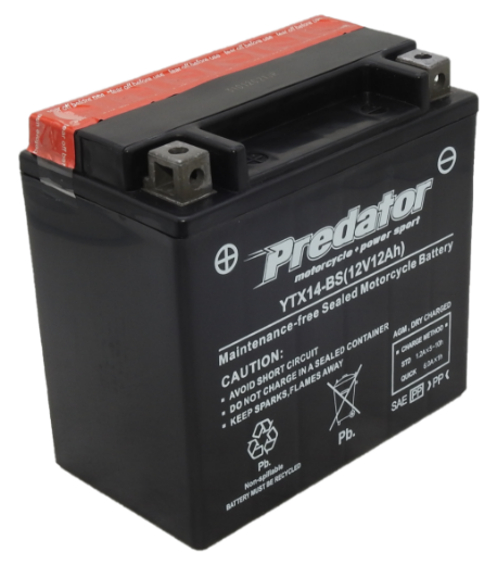 Picture of YTX14-BS - 12VOLT 12AH PREDATOR MOTORCYCLE AGM BATTERY WITH ACID PACK - LHP