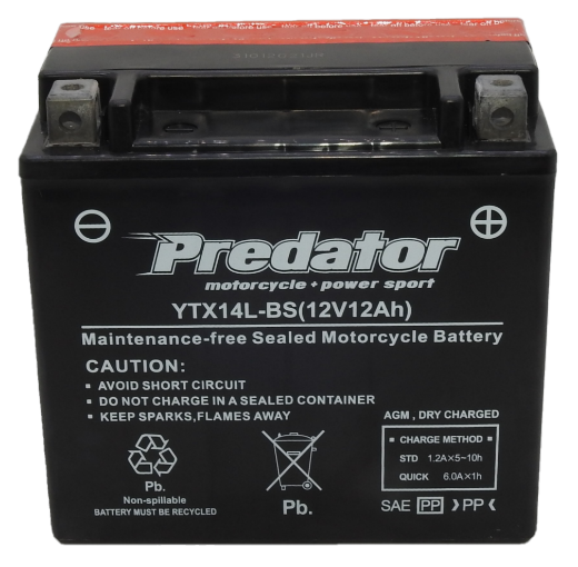 Picture of YTX14L-BS - 12VOLT 12AH PREDATOR MOTORCYCLE BATTERY WITH ACID PACK - RHP