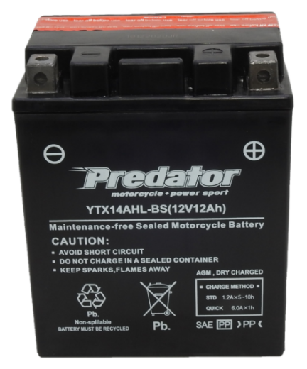 Picture of YTX14AHL-BS - 12VOLT 12AH PREDATOR MOTORCYCLE AGM BATTERY WITH ACID PACK - RHP