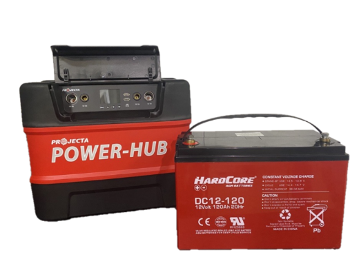 Picture of 12VOLT PORTABLE POWER HUB - INCLUDES 300W PURE SINEWAVE INVERTER AND  HCDC12-120 HARDCORE 12VOLT 120AMP HOUR DEEP CYCLE AGM BATTERY