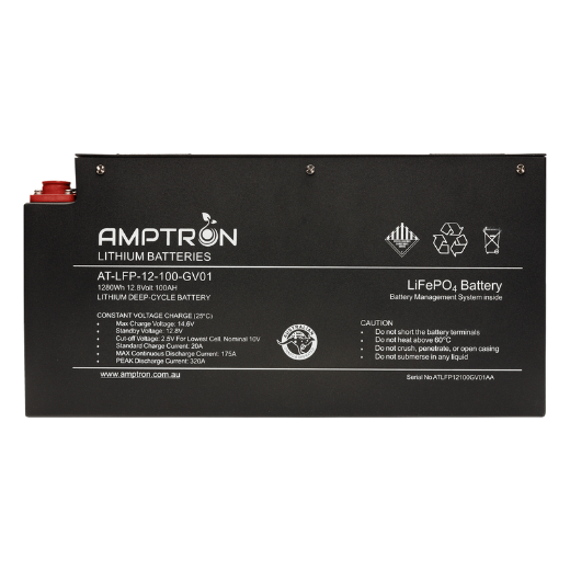 Picture of 12VOLT 100AH / 175A BMS / 1280WH CAPACITY AMPTRON SLIMLINE LIFEPO4 BATTERY - VERSION 1 - IP55 RATING