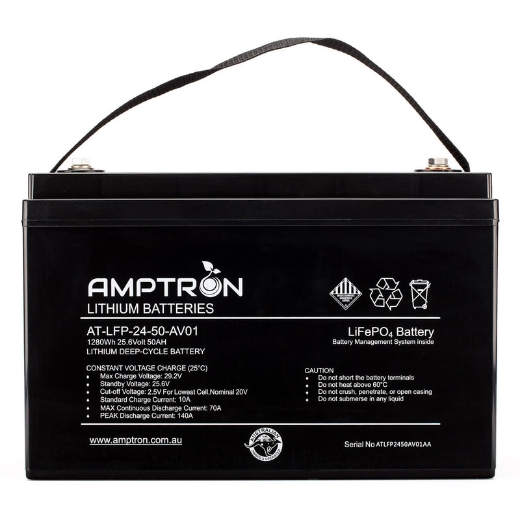 Picture of 24VOLT 50AH / 70A BMS / 1280WH CAPACITY AMPTRON LIFEPO4 BATTERY - IP65 RATING