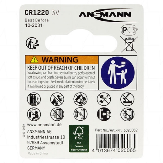 Picture of CR1220 ANSMANN 3V LITHIUM BUTTON BATTERY