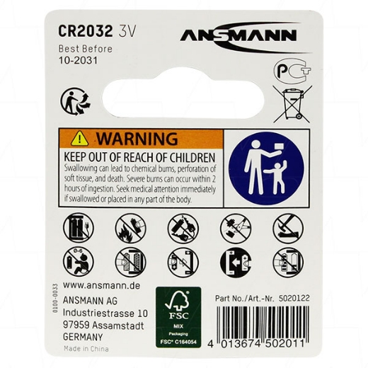 Picture of CR2032 ANSMANN 3V LITHIUM BUTTON BATTERY