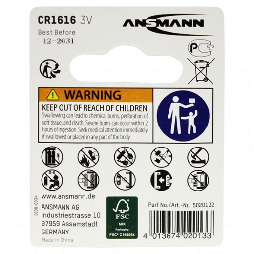 Picture of CR1616 ANSMANN 3V LITHIUM BUTTON BATTERY