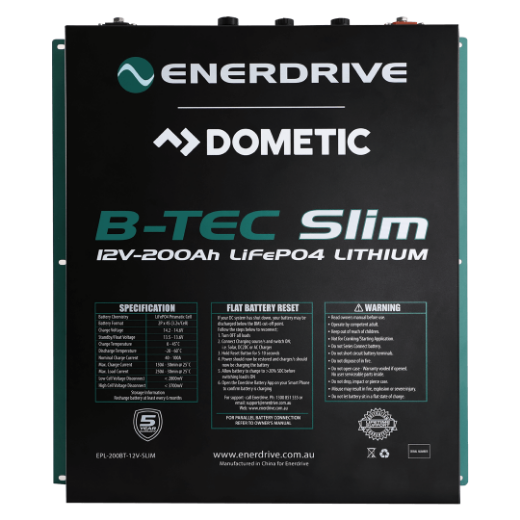 Picture of 12VOLT 200AH ENERDRIVE B-TEC SLIMLINE METAL CASE LIFEPO4 LITHIUM BATTERY - MAX DISCHARGE: 200A - IP52 RATING