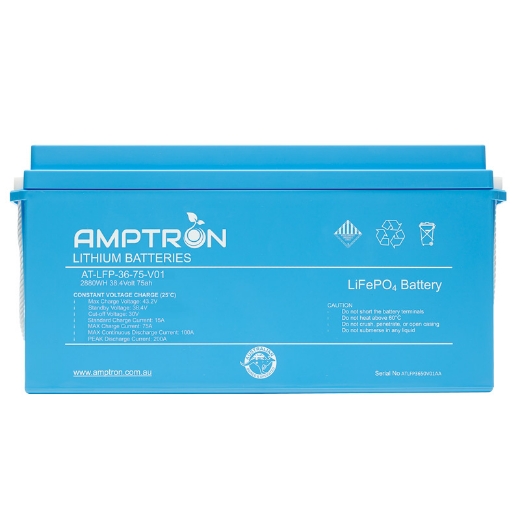 Picture of 36VOLT 75AH / 100A BMS / 2880WH CAPACITY AMPTRON LIFEPO4 BATTERY - IP65 RATING