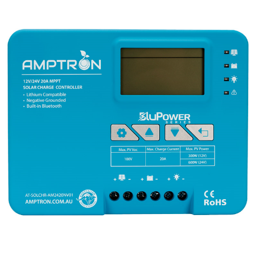 Picture of 12V/24V 20AMP AMPTRON MPPT SOLAR CHARGE CONTROLLER WITH BLUETOOTH - LITHIUM COMPATIBLE