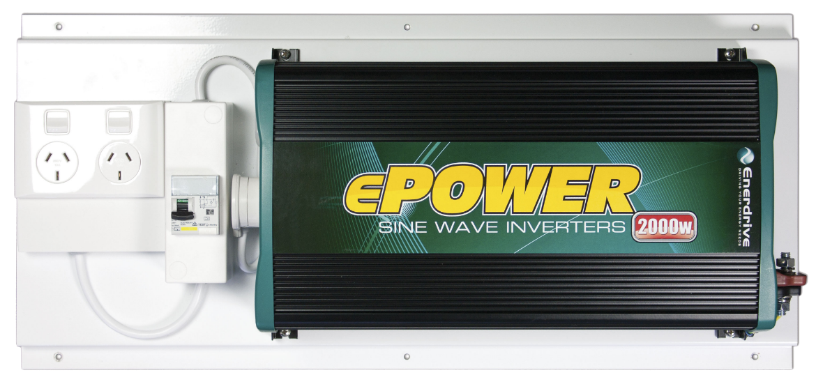Picture of 12V 2000W ENERDRIVE EPOWER PURE SINE WAVE INVERTER MOUNTED ON A BOARD WITH RCD PROTECTED GPO