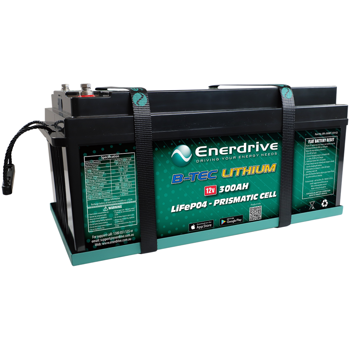 Picture of 12VOLT 300AH ENERDRIVE B-TEC GEN2 LIFEPO4 LITHIUM BATTERY - MAXIMUM DISCHARGE 280A FOR 25S/400A FOR 3.5S - IP63 RATING