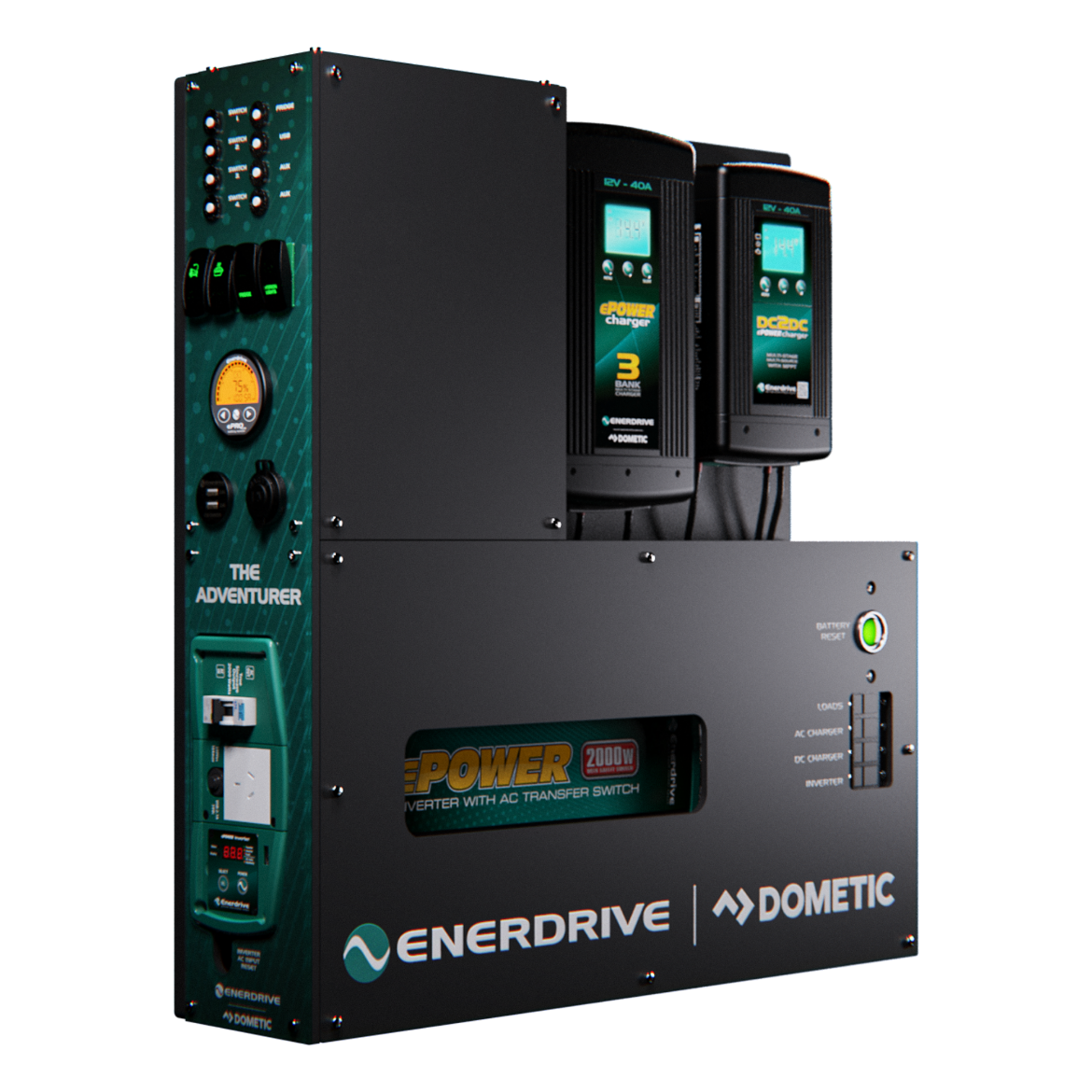 Picture of ENERDRIVE LEFT MOUNT ADVENTURER 01 SYSTEM - 12V 40A AC CHARGER, 12V 40A DC-DC CHARGER, 12V 2000W INVERTER & EPRO+ MONITOR