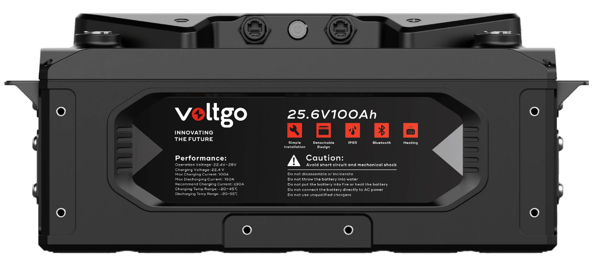 Picture of 25.6V 100AH 2560WH LIFEPO4 IP65 RATED VOLTGO BATTERY WITH BLUETOOTH/CAN/RS485 COMMUNICATIONS SUPPORT AND SCALABILITY UP TO 40.96KWH SYSTEMS