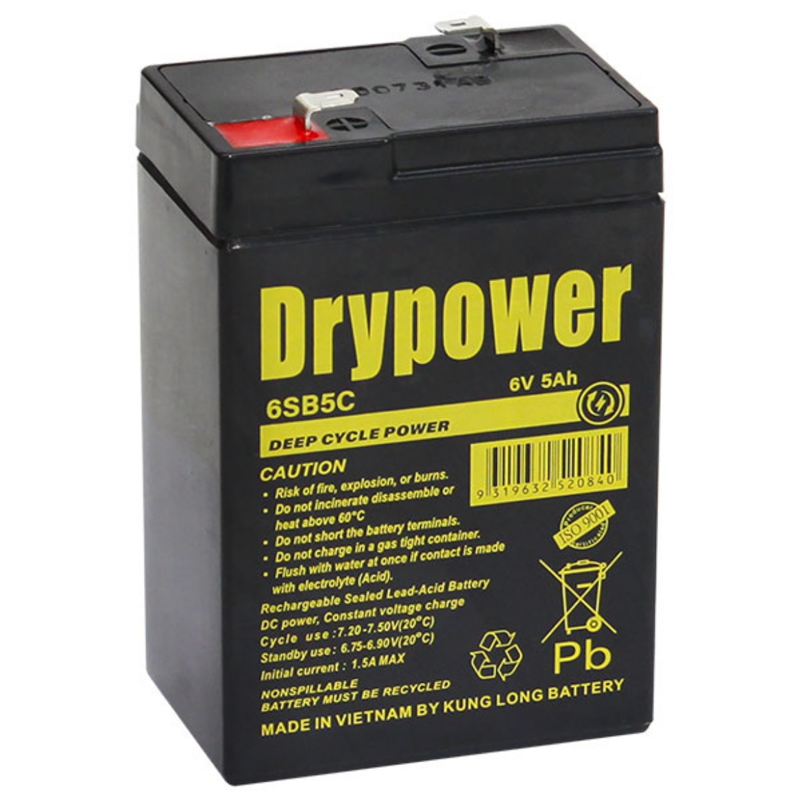 Picture of 6SB5C - 6VOLT 5AH DRYPOWER CYCLIC SEALED LEAD ACID BATTERY - F1 (4.8MM SPADE)