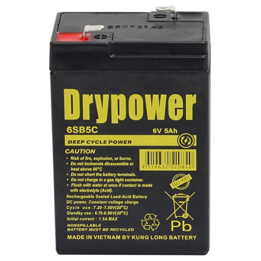 Picture of 6SB5C - 6VOLT 5AH DRYPOWER CYCLIC SEALED LEAD ACID BATTERY - F1 (4.8MM SPADE)