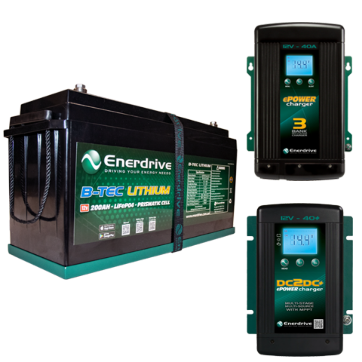 Picture of ENERDRIVE EPOWER B-TEC G2 12V 200AH LITHIUM BATTERY, 12V 40A DC-DC CHARGER & 12V 40A AC CHARGER BUNDLE