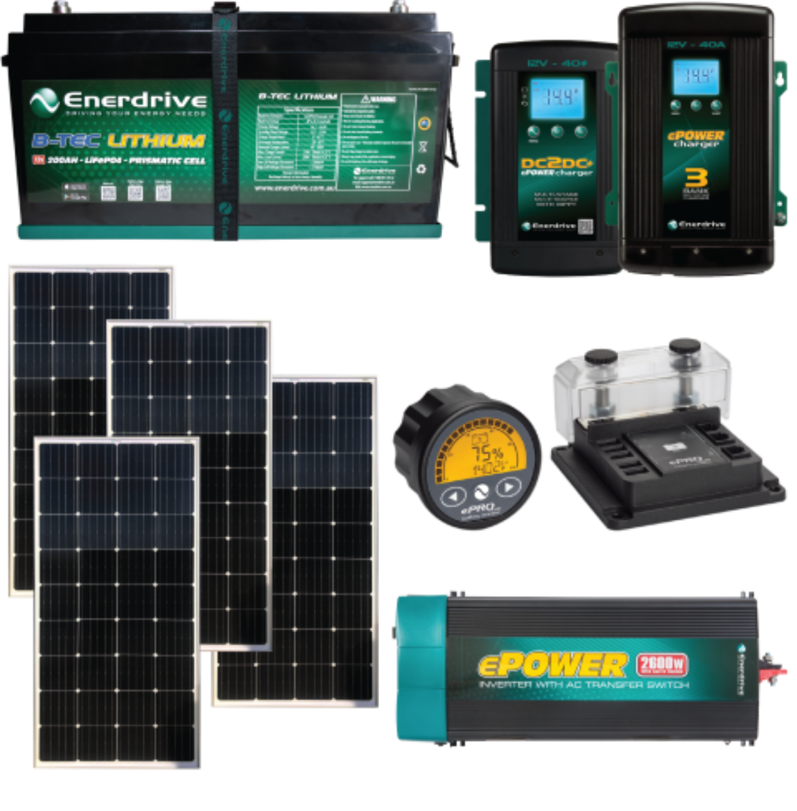 Picture of ENERDRIVE 12V 200AH B-TEC LIFEPO4 BATTERY INC 760W SOLAR, 12V 40AH DC-DC CHARGER, 12V 40AH AC CHARGER, EPRO+ MONITOR & 2600W INVERTER BUNDLE