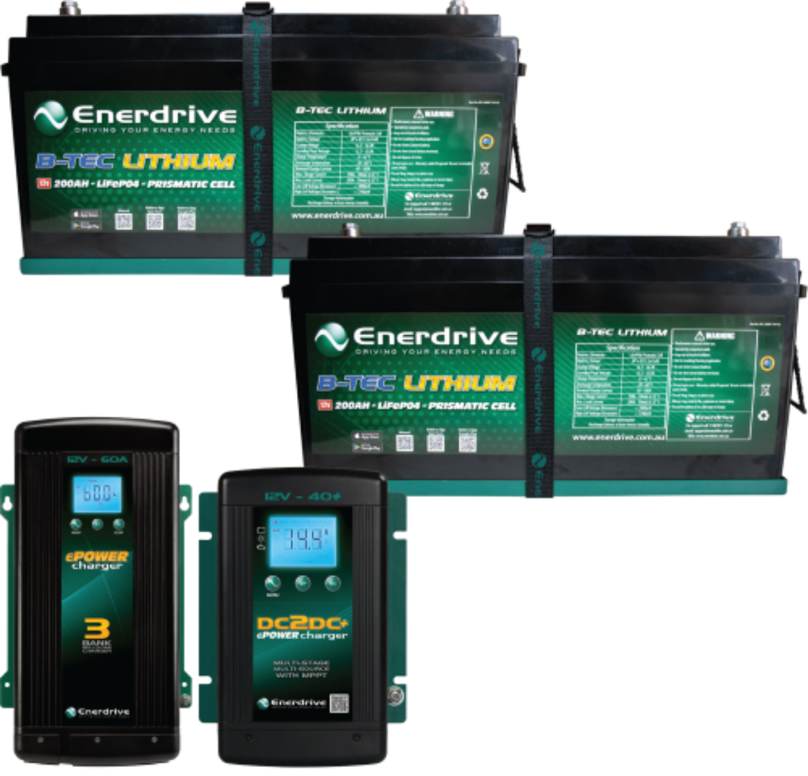 Picture of ENERDRIVE EPOWER B-TEC G2 12V 200AH LITHIUM BATTERY x 2, 12V 40A DC-DC CHARGER & 12V 60A AC CHARGER BUNDLE