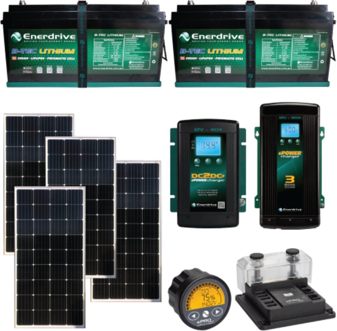 Picture of ENERDRIVE 12V 200AH B-TEC LIFEPO4 BATTERY x 2 INC 760W SOLAR, 12V 40AH DC-DC CHARGER, 12V 60AH AC CHARGER & EPRO+ MONITOR BUNDLE