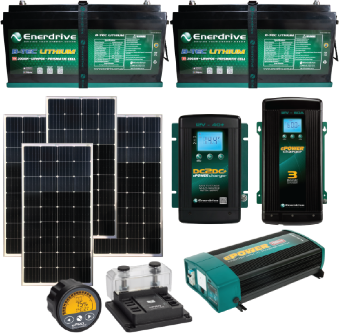 Picture of ENERDRIVE 12V 200AH B-TEC LIFEPO4 BATTERY x 2 INC 760W SOLAR, 12V 40AH DC-DC CHARGER, 12V 60AH AC CHARGER, EPRO+ MONITOR & 2000W INVERTER BUNDLE