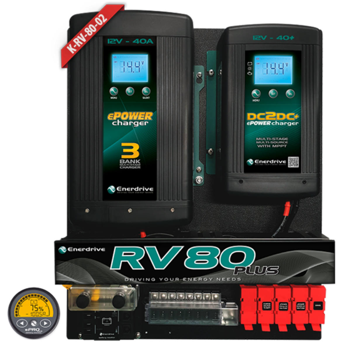 Picture of ENERDRIVE RV 80 PLUS INSTALLATION KIT - DC2DC40+ CHARGER, EN31240 40A AC CHARGER, EPRO MONITOR, 8 WAY FUSE BLOCK & FUSING