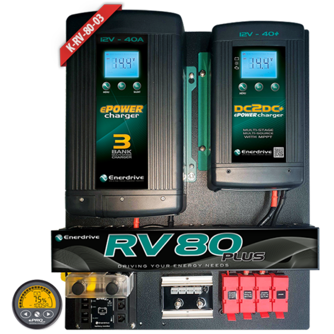 Picture of ENERDRIVE RV 80 PLUS INSTALLATION KIT - DC2DC40+ CHARGER, EN31240 40A AC CHARGER, EPRO MONITOR, LOW BATTERY CUTOUT & FUSING