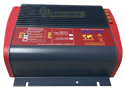 Picture of STERLING AQUANAUTIC 12 VOLT & 24 VOLT. (12 VOLT 8 A) (24 VOLT 4A). FULLY AUTOMATIC 4 STAGE BATTERY CHARGER. IP68 - COMPLETELY WATERPROOF & DUSTPROOF. 2 YEAR WARRANTY. FITTED WITH GOLD PLATED TERMINALS TO PREVENT RUST.  SUITABLE FOR ALL TYPES OF BATTERIES.