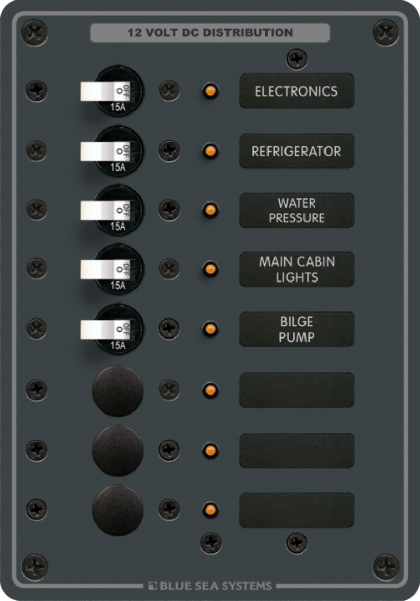 Picture of BLUE SEA 15A 8 POSITION DC BRANCH POWER DISTRIBUTION AND CIRCUIT PROTECTION BOARD - WHITE TOGGLE SWITCHES