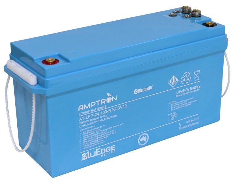 Picture of 24 VOLT 100AH / 200A BMS / 2560WH CAPACITY AMPTRON BLUEDGE LIFEPO4 ABS BATTERY WITH BLUETOOTH & DATA COMMS - IP66 RATING